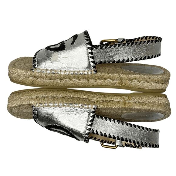 Gucci Pilar GG Espadrille Sandals EU 37 US 7 Metallic Silver Slingback Logo - Picture 9 of 14